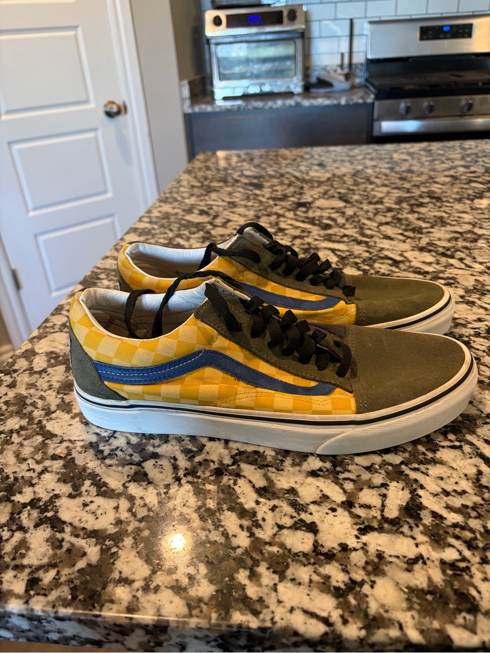 Vans Yellow Checkerboard & Olive Low-Top Sneakers with Blue Stripe